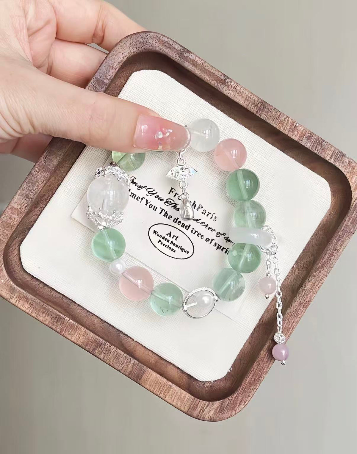 nice 174 Pink-green fluorite crystal bracelet, refreshing and delicate silver tassel accessory